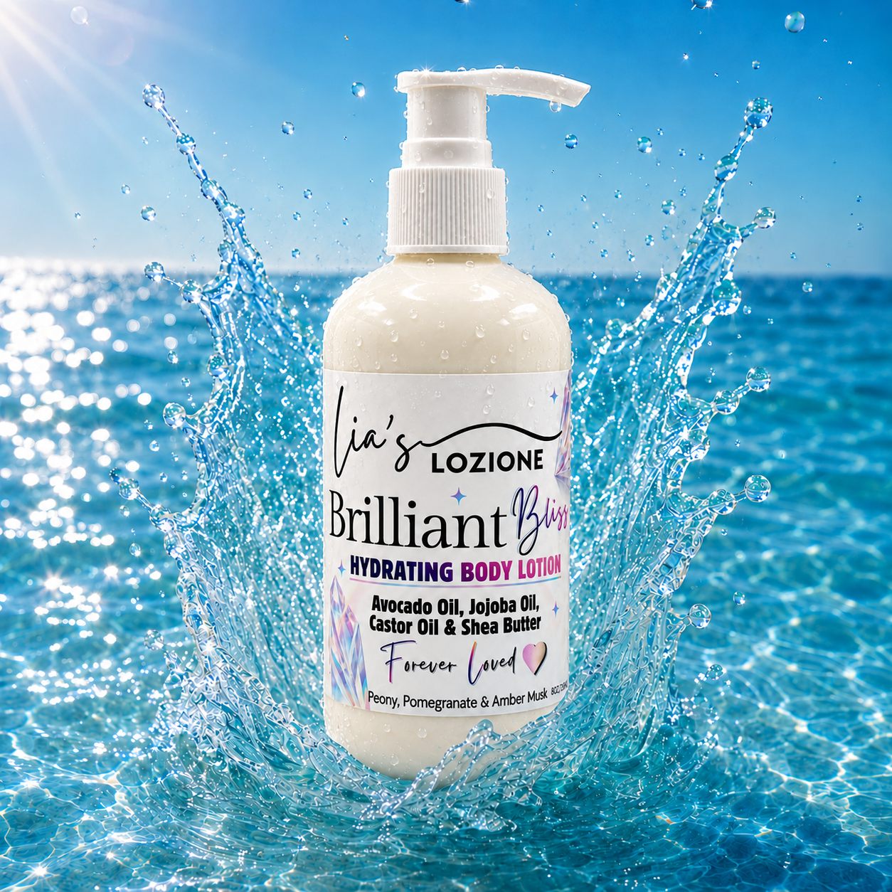 Pump Bottle of Brilliant Bliss Body Lotion making a splash in water, Size 8 OZ, by Lia's Lozione. The Scent is Floral fragrance pomegranate, yuzu, peony, magnolia, and lotus blossoms. Lingering notes of amber and musk.