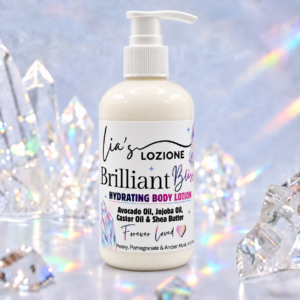 Pump Bottle of Brilliant Bliss Body Lotion, Size 8 OZ, by Lia's Lozione. The Scent is Floral fragrance pomegranate, yuzu, peony, magnolia, and lotus blossoms. Lingering notes of amber and musk.