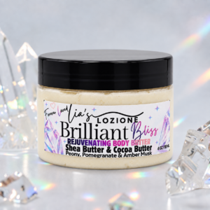 Jar of Brilliant Bliss Whipped Body Butter, size 4 OZ, by Lia's Lozione. The Scent is Floral fragrance pomegranate, yuzu, peony, magnolia, and lotus blossoms. Lingering notes of amber and musk.