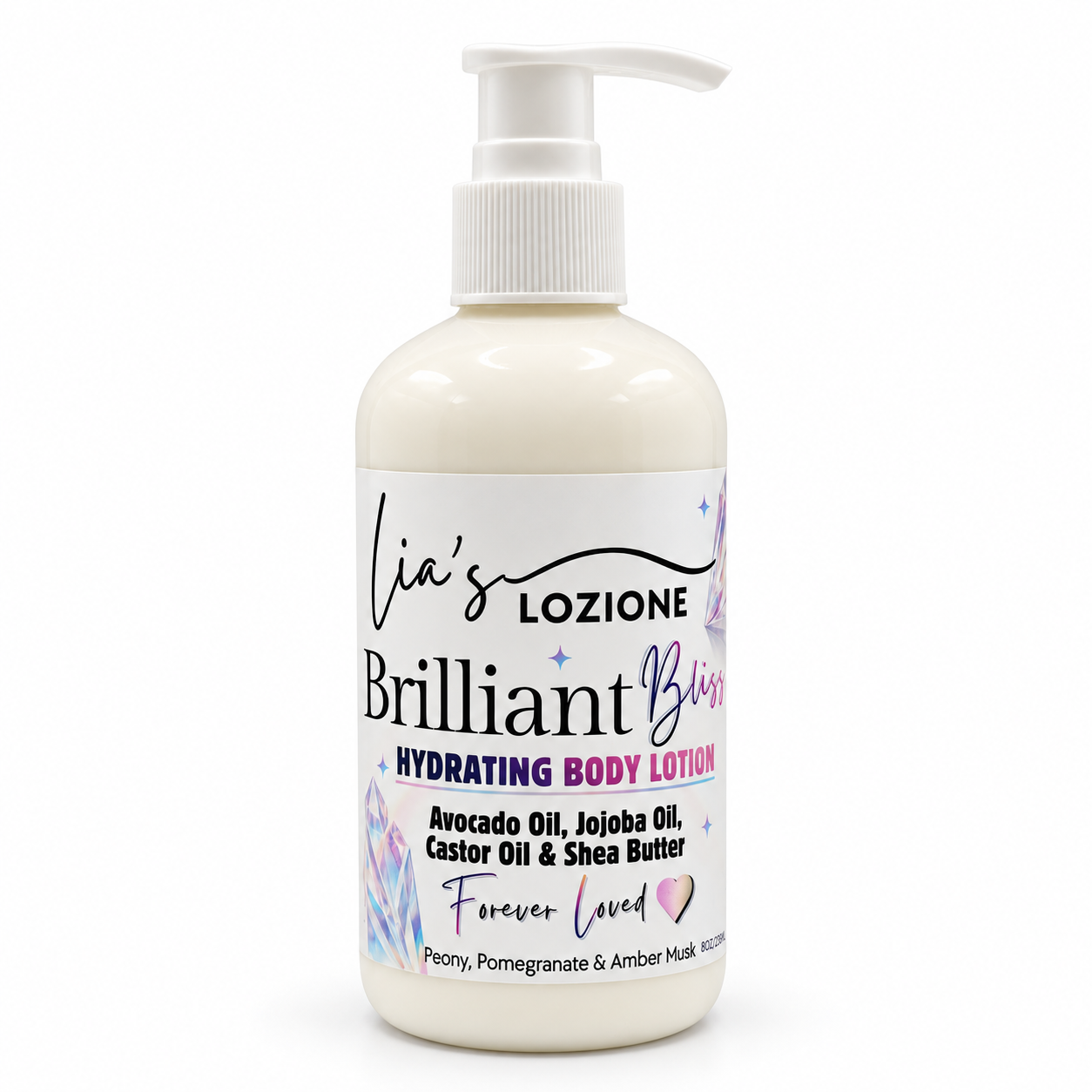 Studio Picture of a Pump Bottle of Brilliant Bliss Body Lotion, Size 8 OZ, by Lia's Lozione. The Scent is Floral fragrance pomegranate, yuzu, peony, magnolia, and lotus blossoms. Lingering notes of amber and musk.