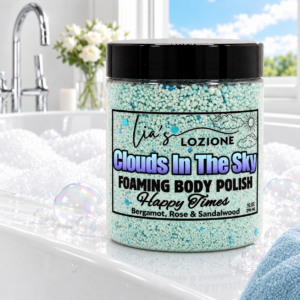 Clouds In The Sky 10 OZ JAR of Body Polish in front of a tub with bubbles