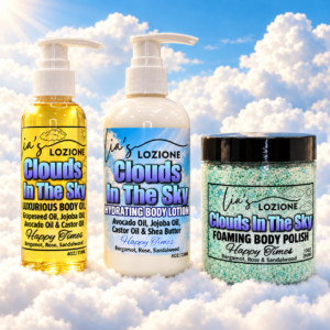 Clouds In The Sky 4 OZ Body Oil Bottle, 8 OZ Body Lotion Bottle and 10 OZ Body Polish Jar in a beautiful sky with clouds