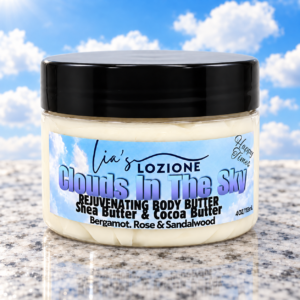 Jar of Clouds In The Sky Whipped Body Butter, size 4 OZ, by Lia's Lozione. The Scent is Fresh fruity citrus sweet pineapple, creamy coconut warm vanilla and cashmere that wind down with a base of woods.