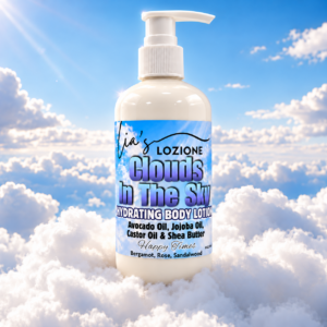 Pump Bottle of Clouds In The Sky Body Lotion, Size 8 OZ, by Lia's Lozione. The Scent is Fresh fruity citrus sweet pineapple, creamy coconut warm vanilla and cashmere that wind down with a base of woods.