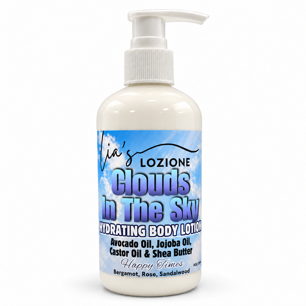 Studio Picture of a Pump Bottle of Clouds In The Sky Body Lotion, Size 8 OZ, by Lia's Lozione. The Scent is Fresh fruity citrus sweet pineapple, creamy coconut warm vanilla and cashmere that wind down with a base of woods.