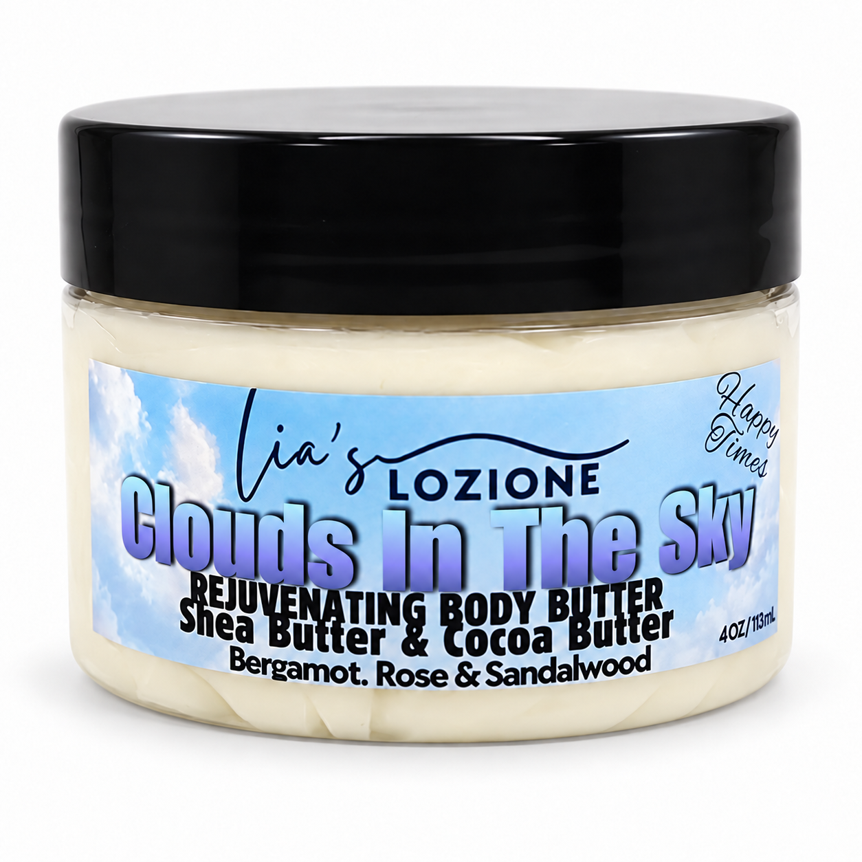 Studio Picture of a Jar of Clouds In The Sky Whipped Body Butter, size 4 OZ, by Lia's Lozione. The Scent is Fresh fruity citrus sweet pineapple, creamy coconut warm vanilla and cashmere that wind down with a base of woods.