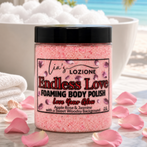 Endless Love 10 OZ JAR of Body Polish in front of a tub with bubbles