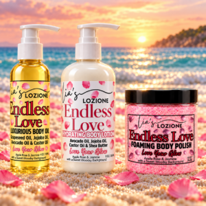 Endless Love 4 OZ Body Oil Bottle, 8 OZ Body Lotion Bottle and 10 OZ Body Polish Jar on a beautiful beach scene with rose petals