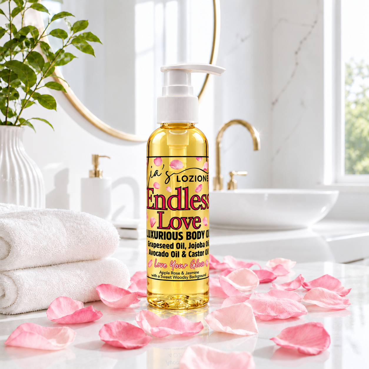 Endless Love 4 OZ Body Oil Bottle in a beautiful Bathroom with beautiful pink rose petals around the bottle