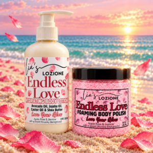 Endless Love 8 oz Body Lotion Bottle and 10 oz Body Polish Jar on a beautiful beach surrounded with pink flower petals