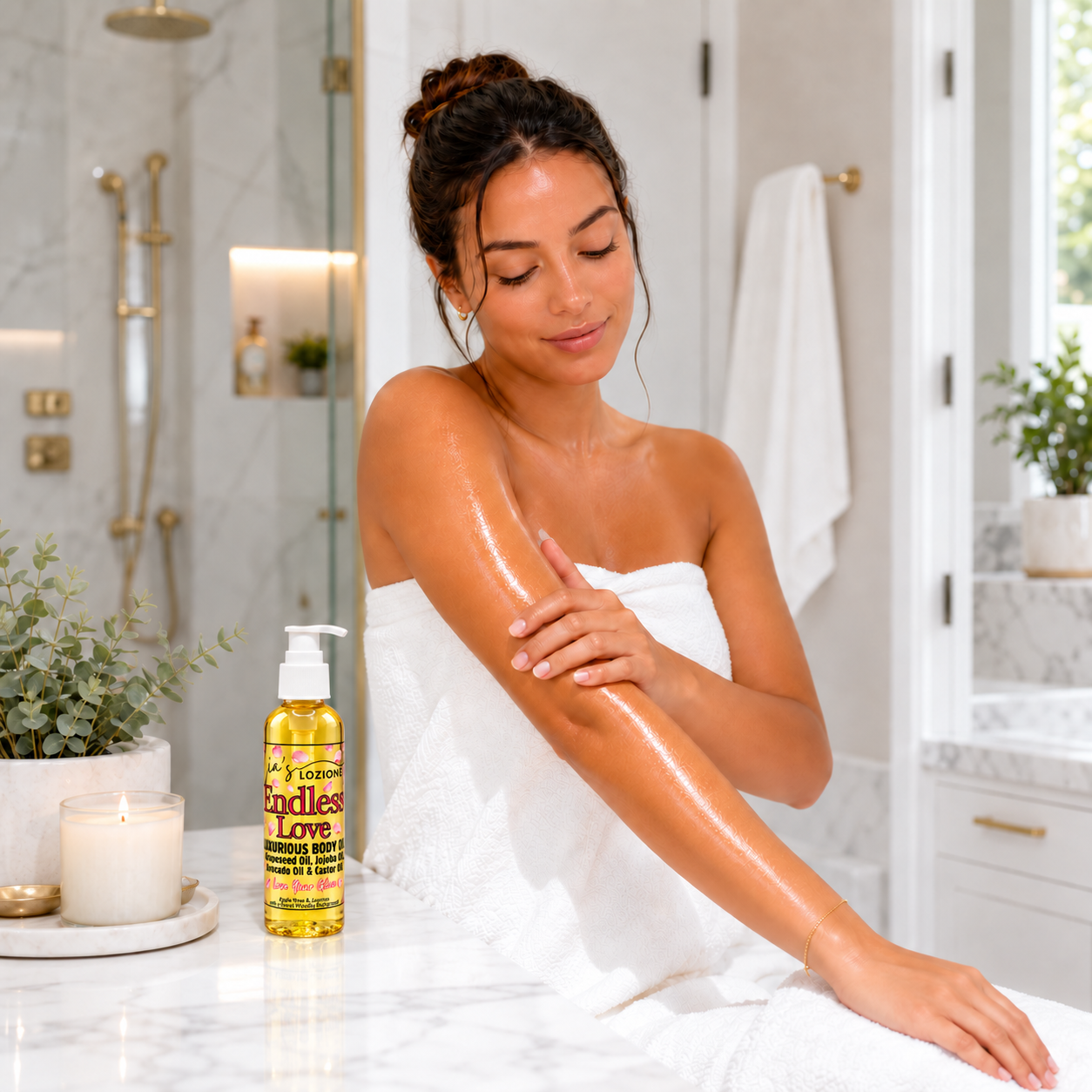 Endless Love Body 4 OZ Oil Bottle with a beautiful woman rubbing the body oil on her arm, by Lia's Lozione