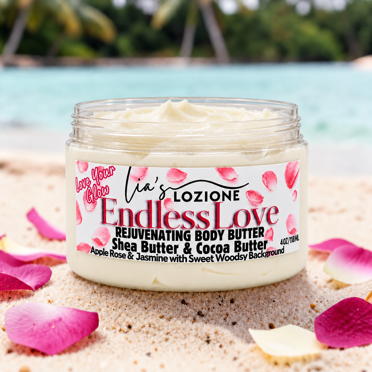 Jar with lid off of Endless Love Whipped Body Butter, size 4 OZ, by Lia's Lozione. The Scent is Fruity floral bouquet with apple, rose and jasmine top notes with a sweet woodsy musky background.