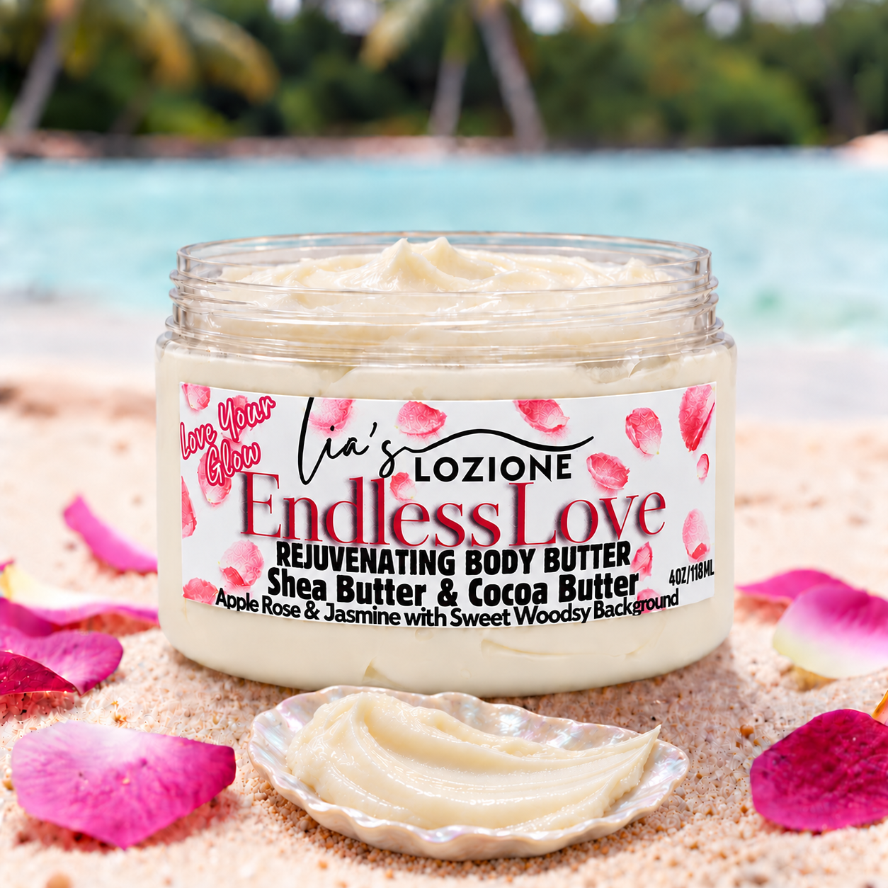 Jar with lid off and whipped body butter Smear of Endless Love Whipped Body Butter, size 4 OZ, by Lia's Lozione. The Scent is Fruity floral bouquet with apple, rose and jasmine top notes with a sweet woodsy musky background.