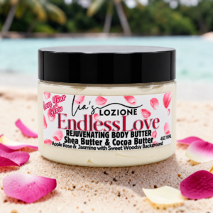 Jar of Endless Love Whipped Body Butter, size 4 OZ, by Lia's Lozione. The Scent is Fruity floral bouquet with apple, rose and jasmine top notes with a sweet woodsy musky background.