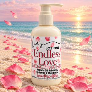 Beach Scene of a Pump Bottle of Endless Love Body Lotion, Size 8 OZ, by Lia's Lozione. The Scent is Fruity floral bouquet with apple, rose and jasmine top notes with a sweet woodsy musky background.