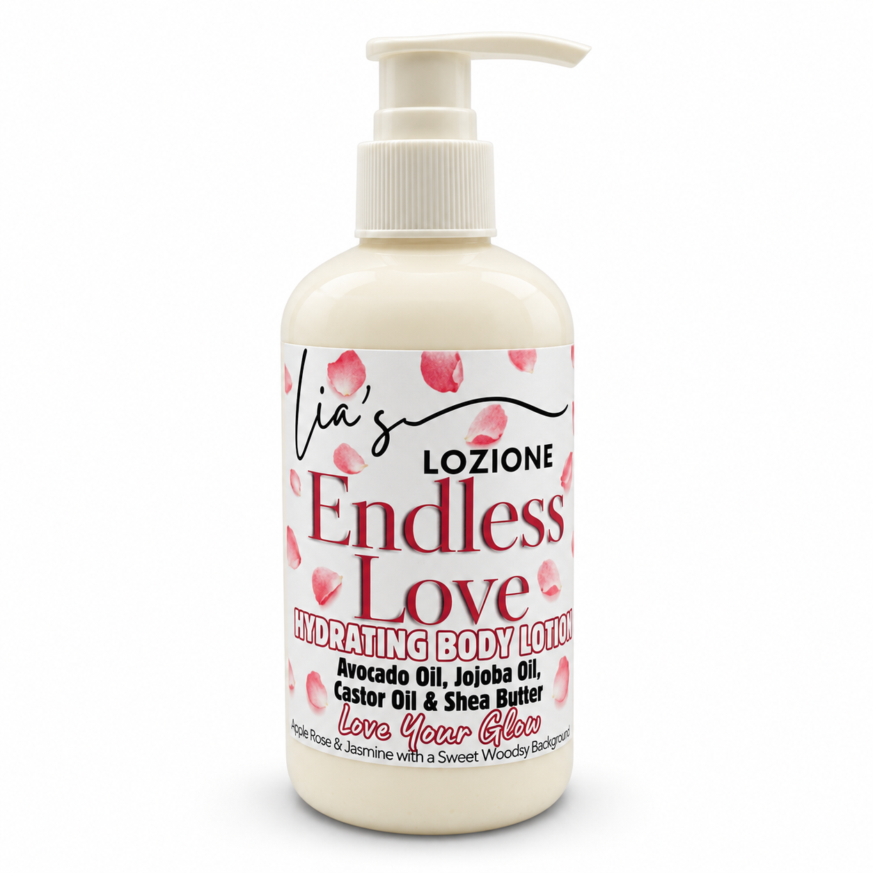 Studio Picture of a Pump Bottle of Endless Love Body Lotion, Size 8 OZ, by Lia's Lozione. The Scent is Fruity floral bouquet with apple, rose and jasmine top notes with a sweet woodsy musky background.