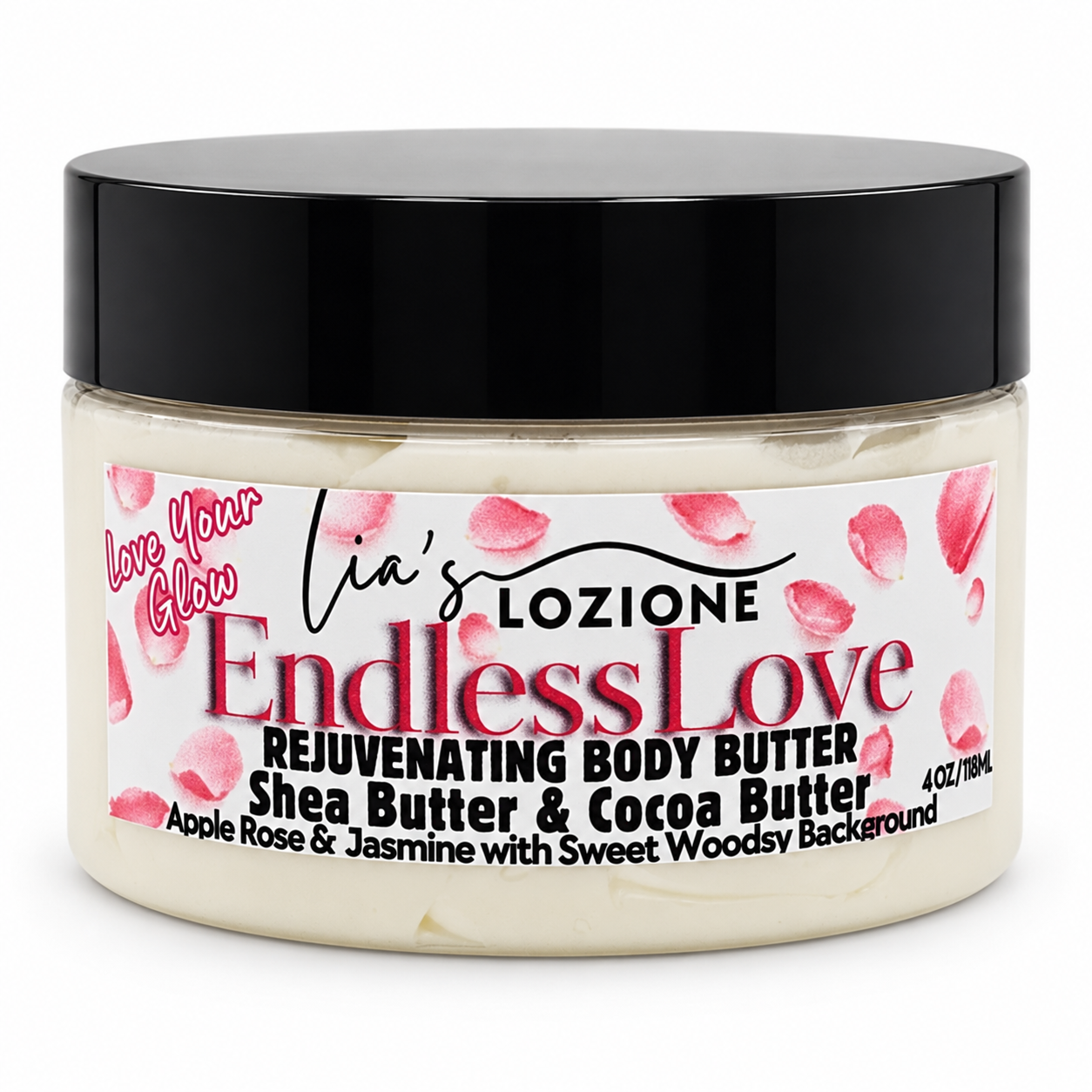 Studio Picture of a Jar of Endless Love Whipped Body Butter, size 4 OZ, by Lia's Lozione. The Scent is Fruity floral bouquet with apple, rose and jasmine top notes with a sweet woodsy musky background.