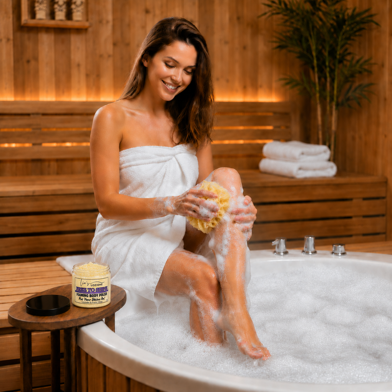 FREE TO SHINE 10 OZ Body Polish Jar next to tub with lid off, a Pretty Woman is in tub with bubbles and a loofa.