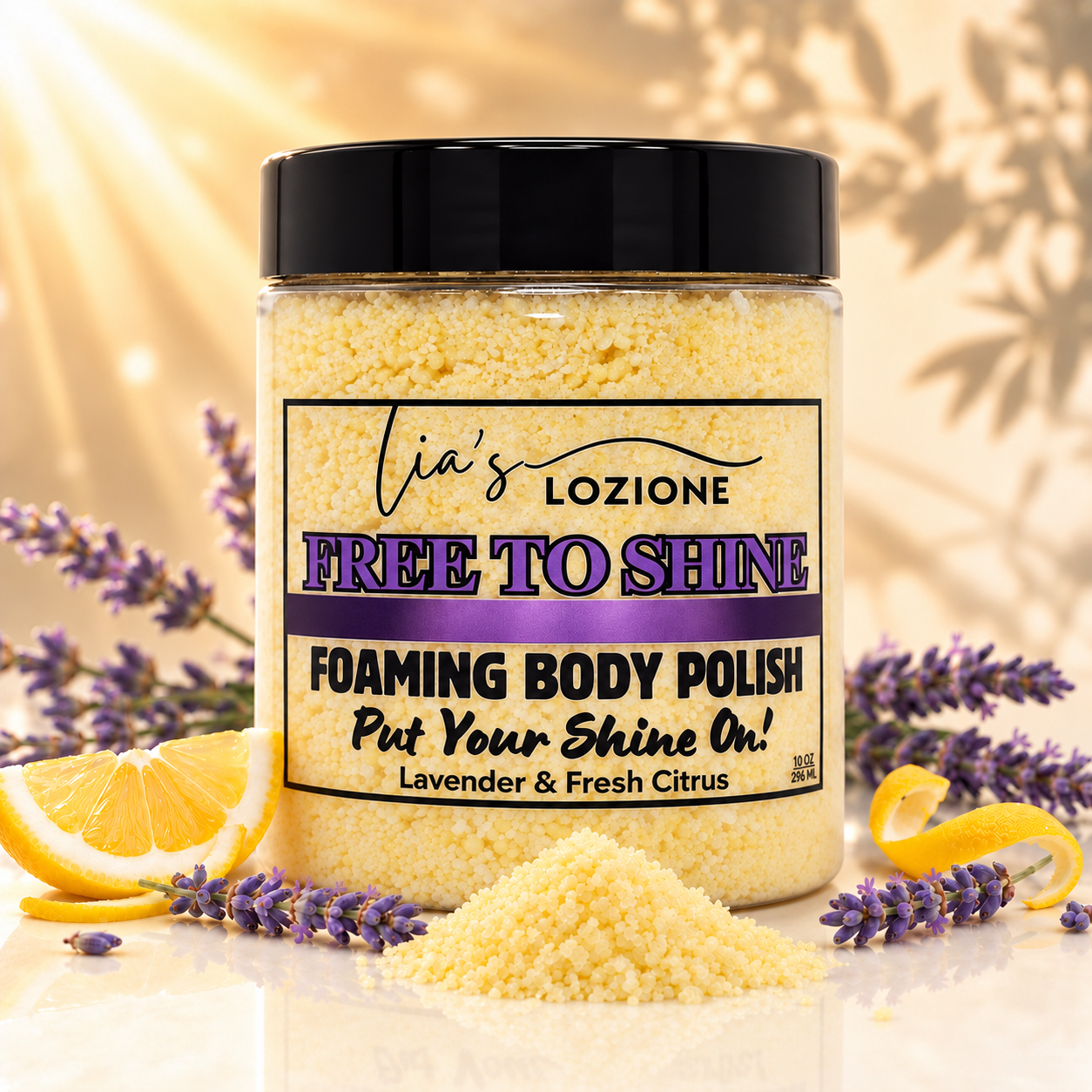 FREE TO SHINE 10 OZ JAR of Body Polish with sample of body polish in front