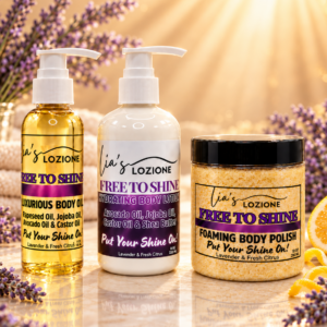 FREE TO SHINE 4 OZ Body Oil Bottle, 8 OZ Body Lotion Bottle and 10 OZ Body Polish Jar in a citrus and lavender setting with bright sun rays