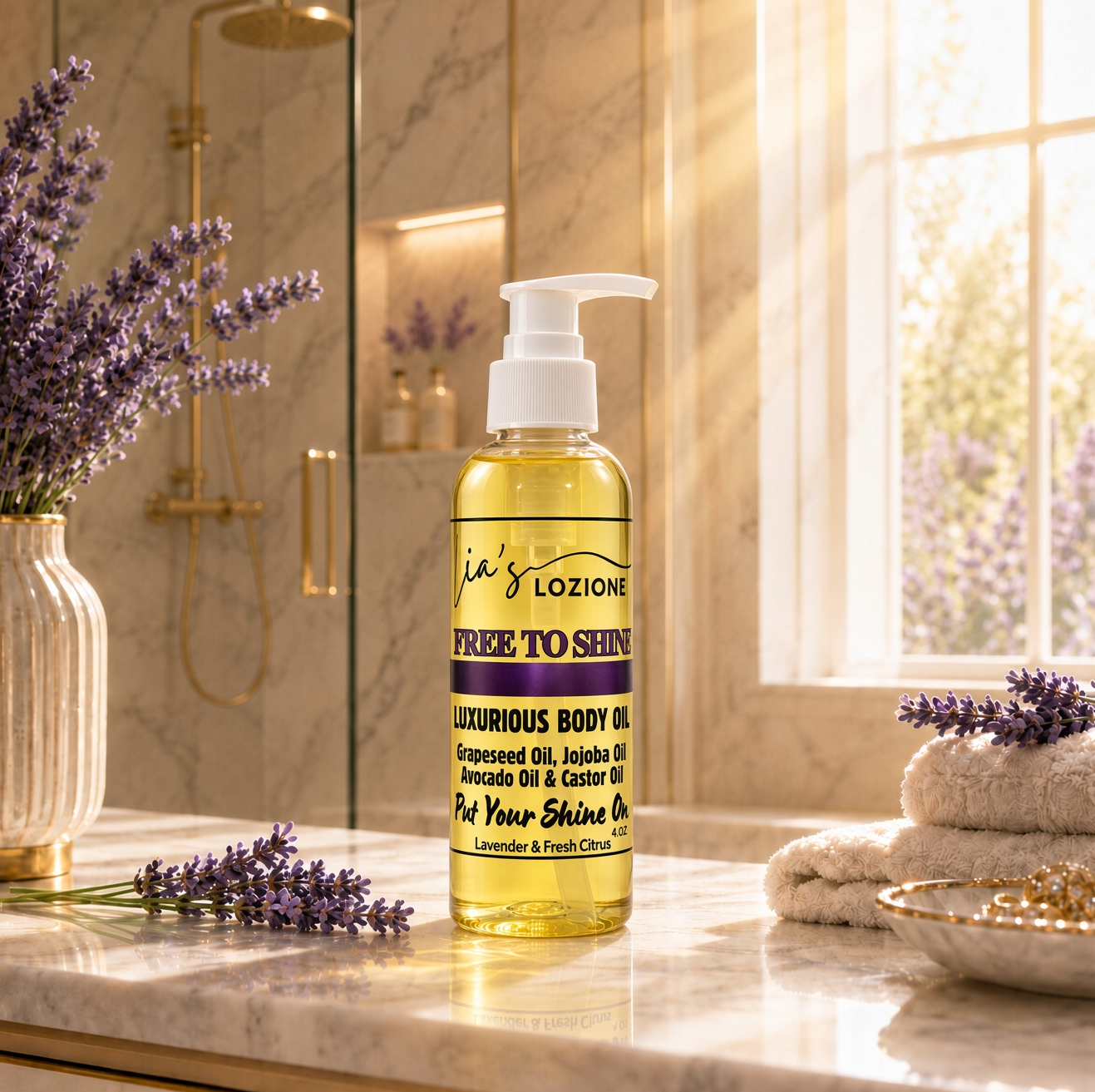 FREE TO SHINE 4 OZ Body Oil Bottle in a beautiful bathroom with citrus and lavender accents