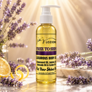 FREE TO SHINE 4 OZ Body Oil Bottle in a beautiful citrus and lavender setting