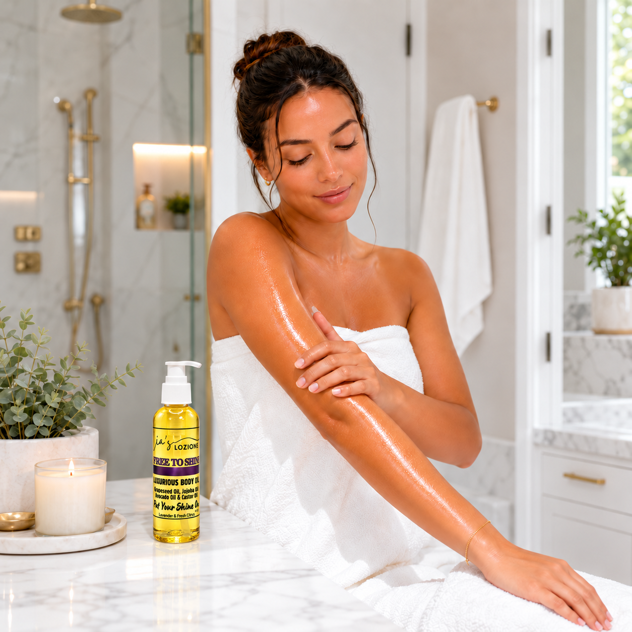 FREE TO SHINE 4 OZ Body Oil Bottle with a beautiful woman rubbing the body oil on her arm, by Lia's Lozione