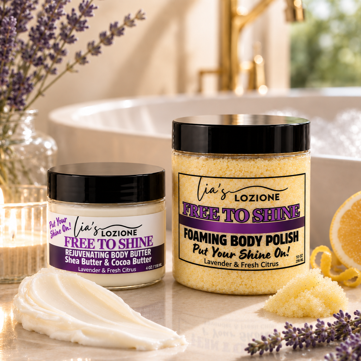 FREE TO SHINE 4 oz Body Butter and 10 oz Body Polish in a beautiful bathroom with a lavender and citrus setting body butter and body polish samples in front