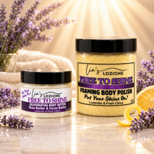 FREE TO SHINE 4 oz Body Butter and 10 oz Body Polish with sun rays in background with a lavender and citrus setting