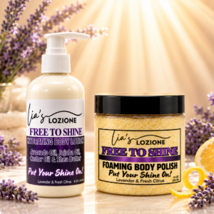 FREE TO SHINE 8 oz Body Lotion Bottle and 10 oz Body Polish Jar in a beautiful setting with sun rays, lavender and citrus