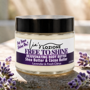 Jar of FREE TO SHINE Whipped Body Butter, size 4 OZ, by Lia's Lozione. The Scent is Fresh citrus, lavender, wild jasmine, and soft orange blossoms, musk, Madagascar vanilla.