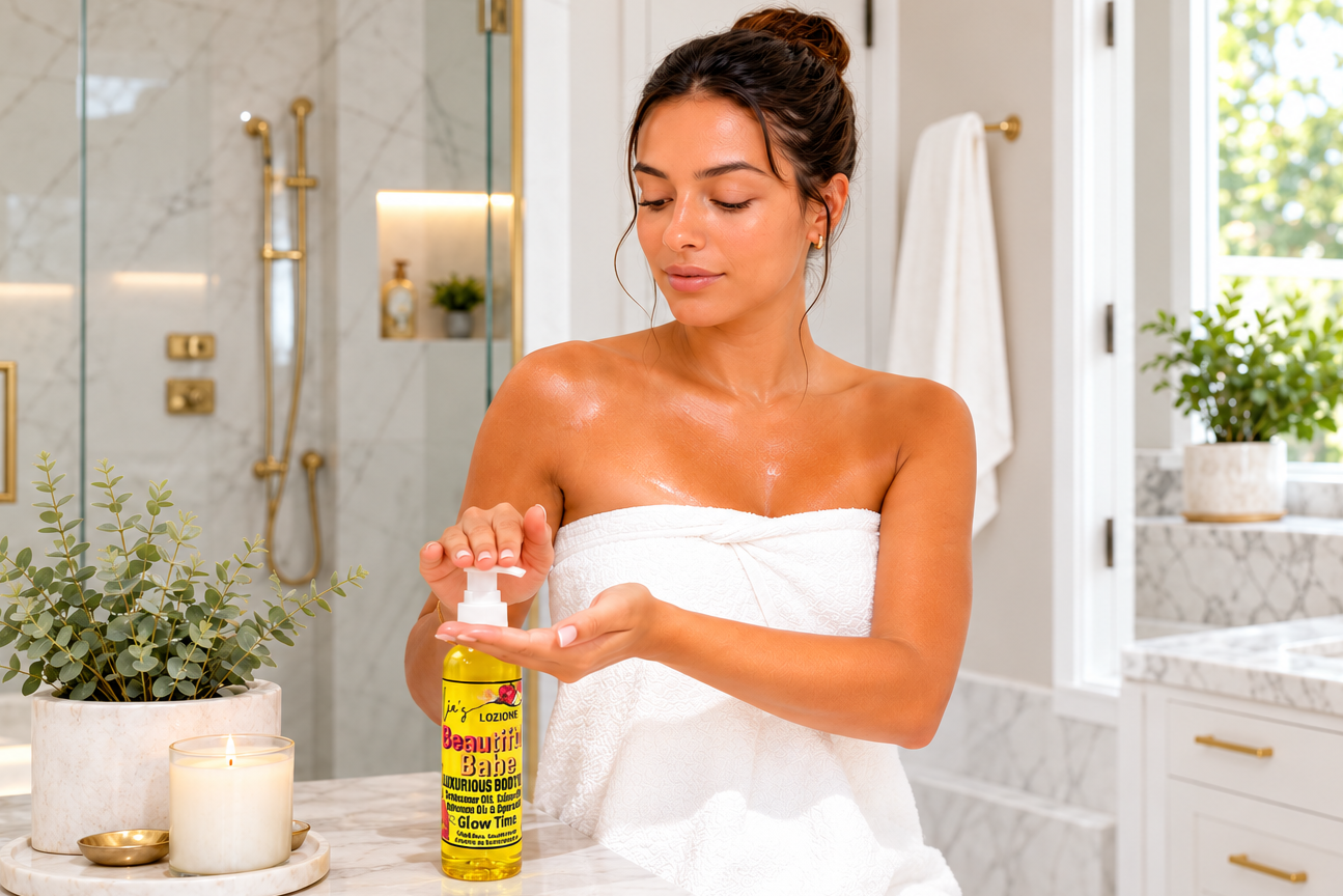 Pretty Woman with a bottle of Beautiful Babe Body Oil in a beautiful bathroom setting