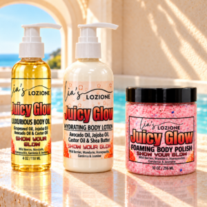 Juicy Glow 4 OZ Body Oil Bottle, 8 OZ Body Lotion Bottle and 10 OZ Body Polish Jar In a resort type setting
