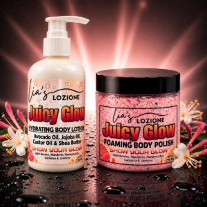 Juicy Glow 8 oz Body Lotion Bottle and 10 oz Body Polish Jar in bright setting