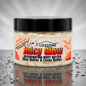 Jar of Juicy Glow, Whipped Body Butter, size 4 OZ, by Lia's Lozione. The Scent is Wild berries , mandarin, honeysuckle, gardenia, jasmine. Along with the aroma of amber, caramel, sandalwood, vanilla and praline.