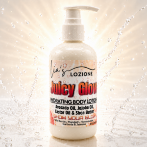 Pump Bottle of Juicy Glow Body Lotion, Size 8 OZ, by Lia's Lozione. The Scent is Wild berries , mandarin, honeysuckle, gardenia, jasmine. Along with the aroma of amber, caramel, sandalwood, vanilla and praline.