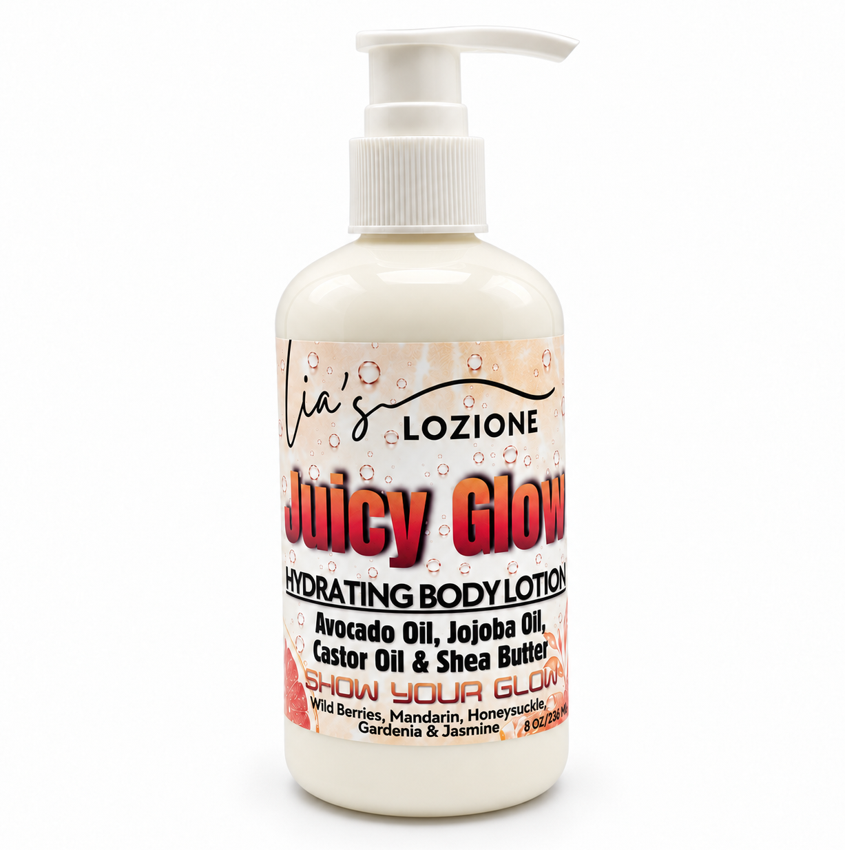 Studio Picture of a Pump Bottle of Juicy Glow Body Lotion , Size 8 OZ, by Lia's Lozione. The Scent is Wild berries , mandarin, honeysuckle, gardenia, jasmine. Along with the aroma of amber, caramel, sandalwood, vanilla and praline.