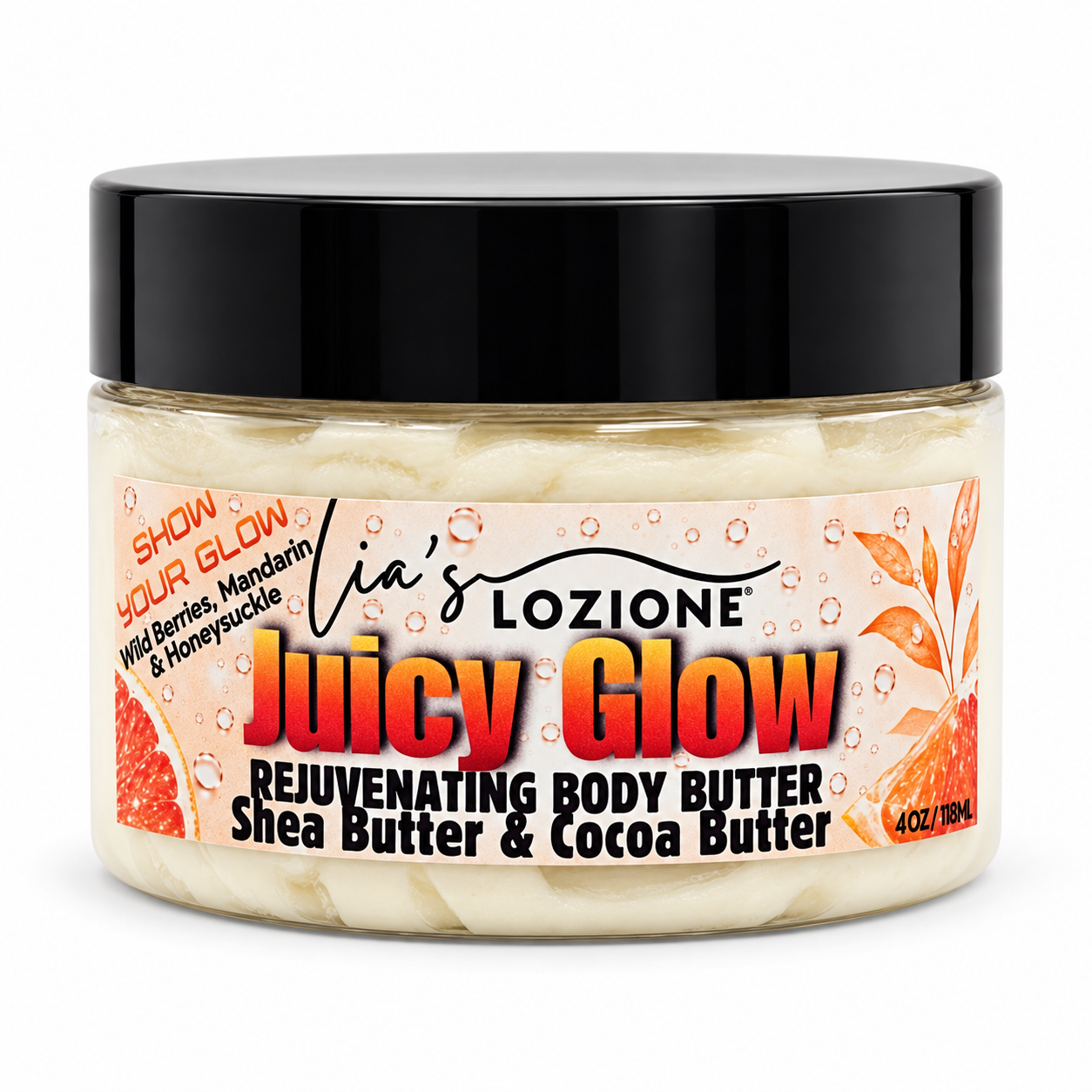 Studio Picutre of a Jar of Juicy Glow Whipped Body Butter, size 4 OZ, by Lia's Lozione. The Scent is Wild berries , mandarin, honeysuckle, gardenia, jasmine. Along with the aroma of amber, caramel, sandalwood, vanilla and praline.