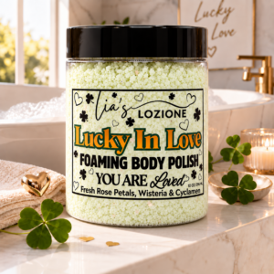 Luck In Love 10 OZ JAR of Body Polish in front of tub with bubbles