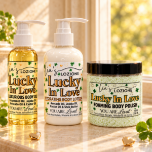 Lucky In Love 4 OZ Body Oil Bottle, 8 OZ Body Lotion Bottle and 10 OZ Body Polish Jar Studio in a four leaf clover and hearts setting