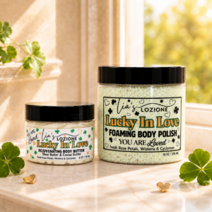 Lucky In Love 4 oz Body Butter and 10 oz Body Polish in a beautiful setting with hearts and four leaf clovers