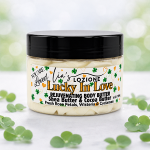 Jar of Lucky In Love Whipped Body Butter, size 4 OZ, by Lia's Lozione. The Scent is Top notes of fresh rose petals, middle notes of wisteria and cyclamen, bottom notes of sandalwood and vanilla.