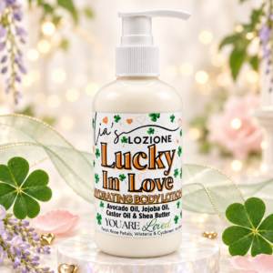 Pump Bottle of Lucky In Love Body Lotion, Size 8 OZ, by Lia's Lozione. The Scent is Top notes of fresh rose petals, middle notes of wisteria and cyclamen, bottom notes of sandalwood and vanilla.