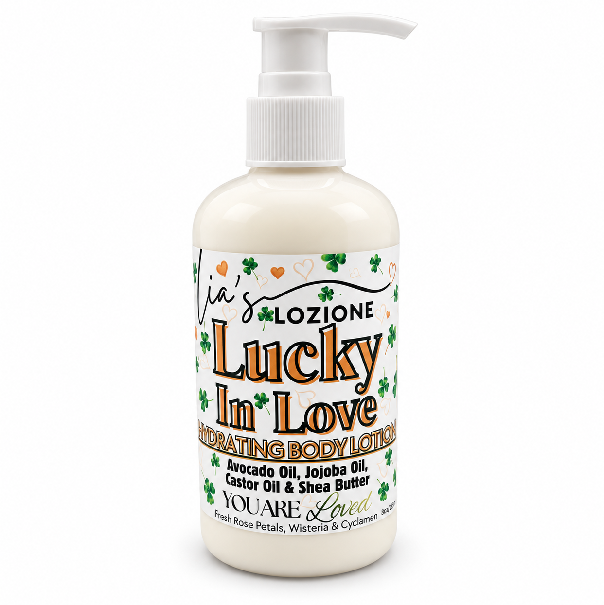 Studio Picture of a Pump Bottle of Lucky In Love Body Lotion , Size 8 OZ, by Lia's Lozione. The Scent is Top notes of fresh rose petals, middle notes of wisteria and cyclamen, bottom notes of sandalwood and vanilla.