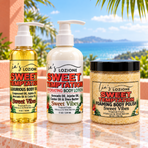 Sweet Temptation 4 OZ Body Oil Bottle, 8 OZ Body Lotion Bottle and 10 OZ Body Polish Jar in a beautiful tropical scene