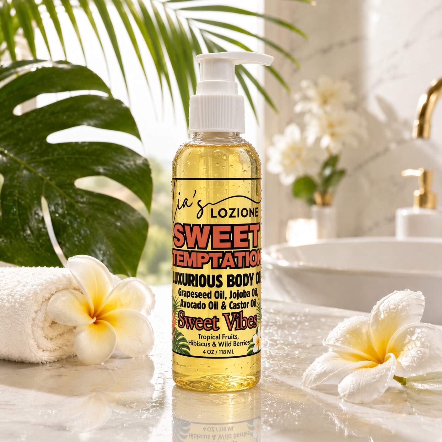 Sweet Temptation 4 OZ Body Oil Bottle in a beautiful bathroom setting