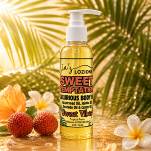 Sweet Temptation 4 OZ Body Oil Bottle in a beautiful tropical setting