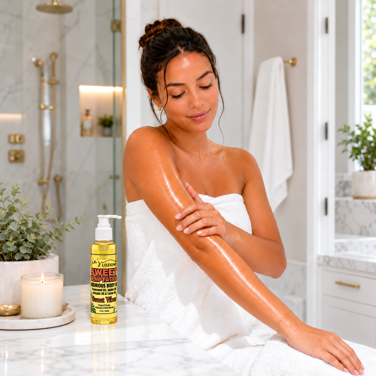Sweet Temptation 4 OZ Body Oil Bottle with a beautiful woman rubbing the body oil on her arm, by Lia's Lozione