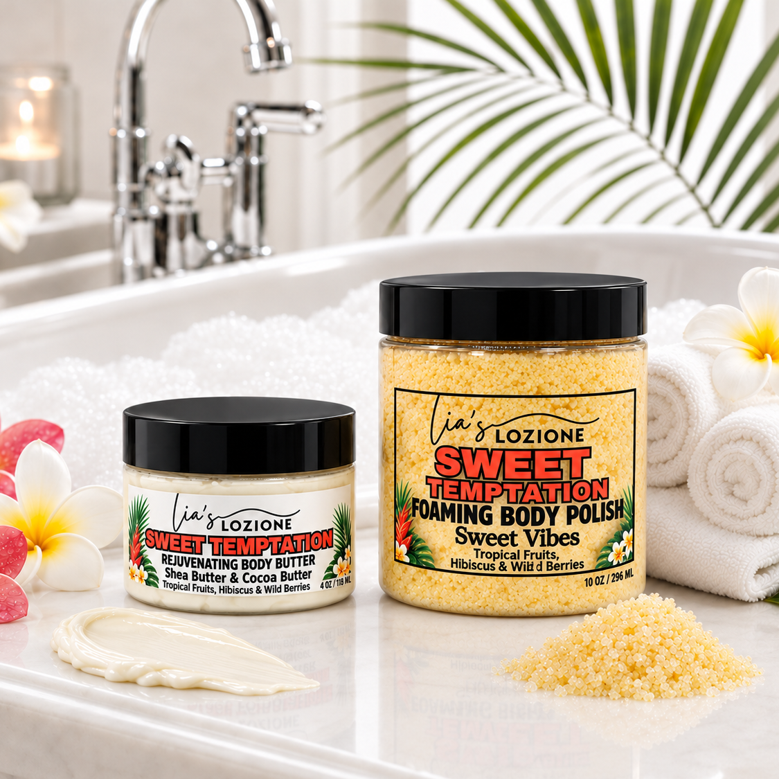 Sweet Temptation 4 oz Body Butter and 10 oz Body Polish in beautiful batheroom in a tropical setting with tropical flowers