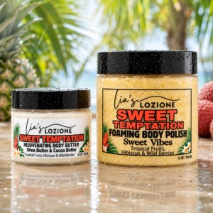 Sweet Temptation 4 oz Body Butter and 10 oz Body Polish in tropical setting with Pineapple and lychee